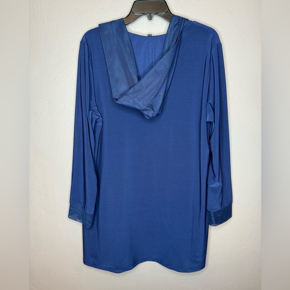 By JJ Navy Blue Duster Hooded Cardigan Size Large Flowy Pockets Long Sleeves - Picture 9 of 15